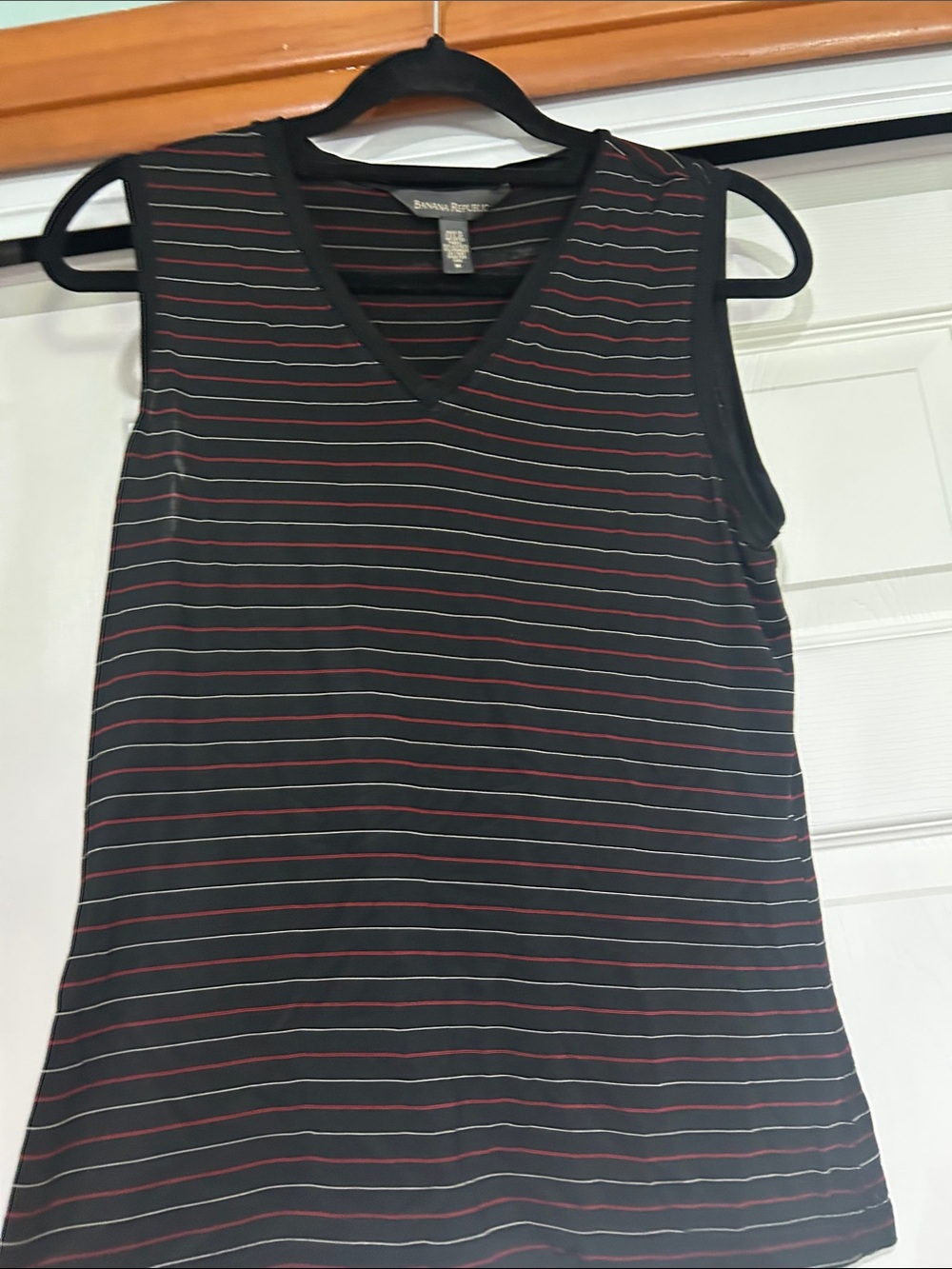 Banana Republic Black V-Neck Tank with Red and White Stripes